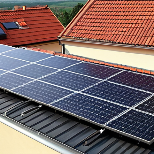 Home 19 **
A sun-drenched Polish rooftop installation featuring sleek, dark monokrystalline solar panels arranged in a neat array. The red tile roof is visible beneath, secured with durable aluminum mounting systems. Sunlight glints off the panels. The image should convey both efficiency and aesthetic integration with a typical Polish home. In the background, a quaint Polish village scene.
**