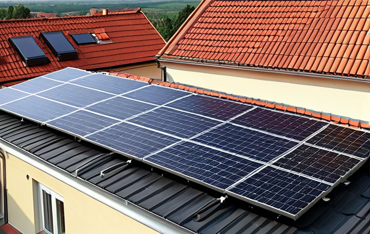 **
A sun-drenched Polish rooftop installation featuring sleek, dark monokrystalline solar panels arranged in a neat array. The red tile roof is visible beneath, secured with durable aluminum mounting systems. Sunlight glints off the panels. The image should convey both efficiency and aesthetic integration with a typical Polish home. In the background, a quaint Polish village scene.
**