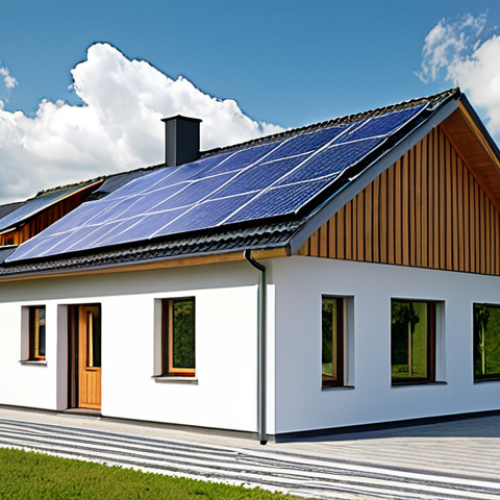 Home 18 **
A modern Polish house with solar panels on the roof. The panels are sleek and aesthetically integrated with the roof design, not bulky or obtrusive. The surrounding landscape is green, suggesting an environmentally conscious homeowner. The sky is partly cloudy, symbolizing the consideration of panel efficiency in varying weather.
**