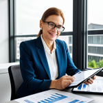 A professional Polish homeowner in their 40s, dressed in modest business casual attire, fully clothed, sitting comfortably at a modern desk. They are reviewing financial documents and a tablet displaying clear energy savings, with a confident, satisfied expression. The background is a bright, contemporary home office with large windows, subtly hinting at solar panels on a rooftop through the glass. The decor is clean and minimalist. High-resolution, professional photography, natural lighting, perfect anatomy, correct proportions, well-formed hands, natural pose, safe for work, appropriate content, professional dress.