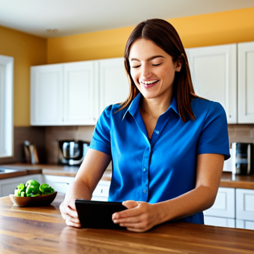 Home 8 A professional-looking adult person, fully clothed in modest business casual attire, is seated at a clean, modern kitchen island. They are holding up a dramatically reduced electricity bill with a look of pleasant surprise and relief on their face. A smartphone or tablet on the counter beside them displays an energy monitoring app showing graphs of solar power production. Bright, natural light fills the room, suggesting a sunny day. The background features a blurred, tasteful home interior.
Quality: perfect anatomy, correct proportions, natural pose, well-formed hands, proper finger count, natural body proportions, professional photography, high quality, realistic, volumetric lighting, safe for work, appropriate content, fully clothed, family-friendly.